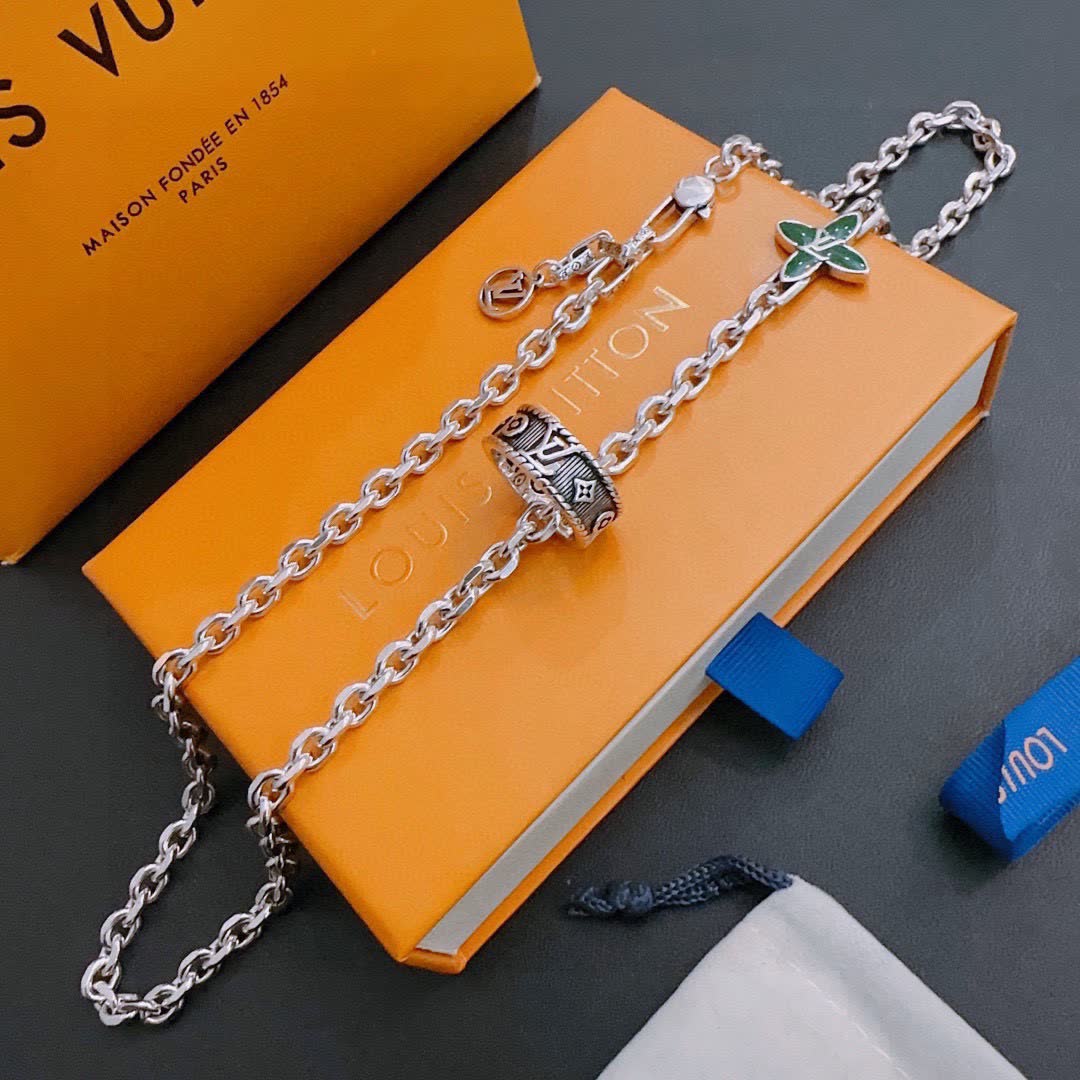 Louis Vuitton Silver Chain Bracelet with Green Enamel Cross and Ring